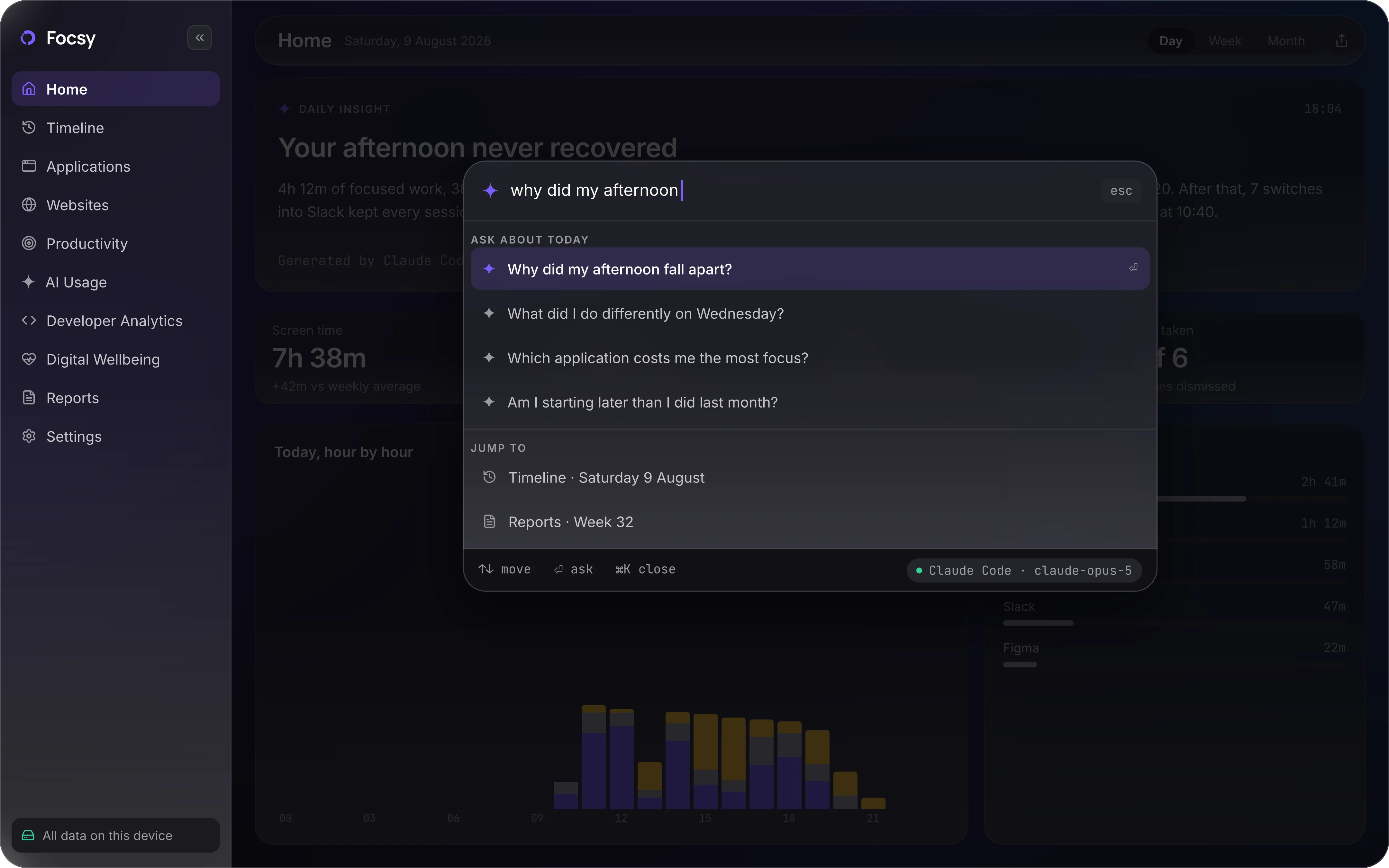 Ask Focsy command palette over the dashboard